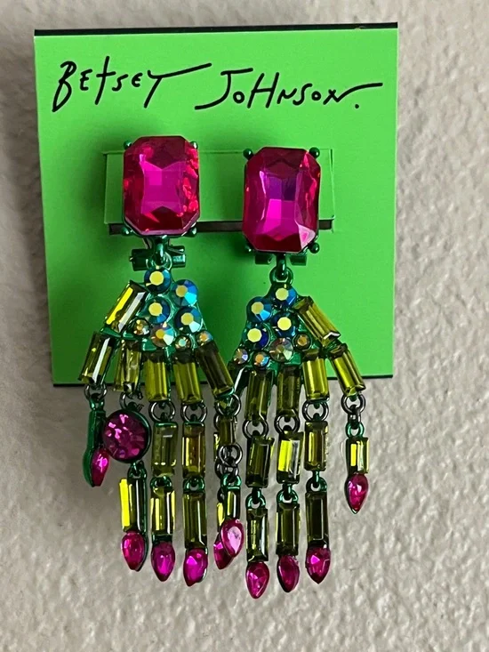 Betsey Johnson Pink and Green Crystal Skeleton Hands Fringe Drop Earrings - Picture 1 of 1